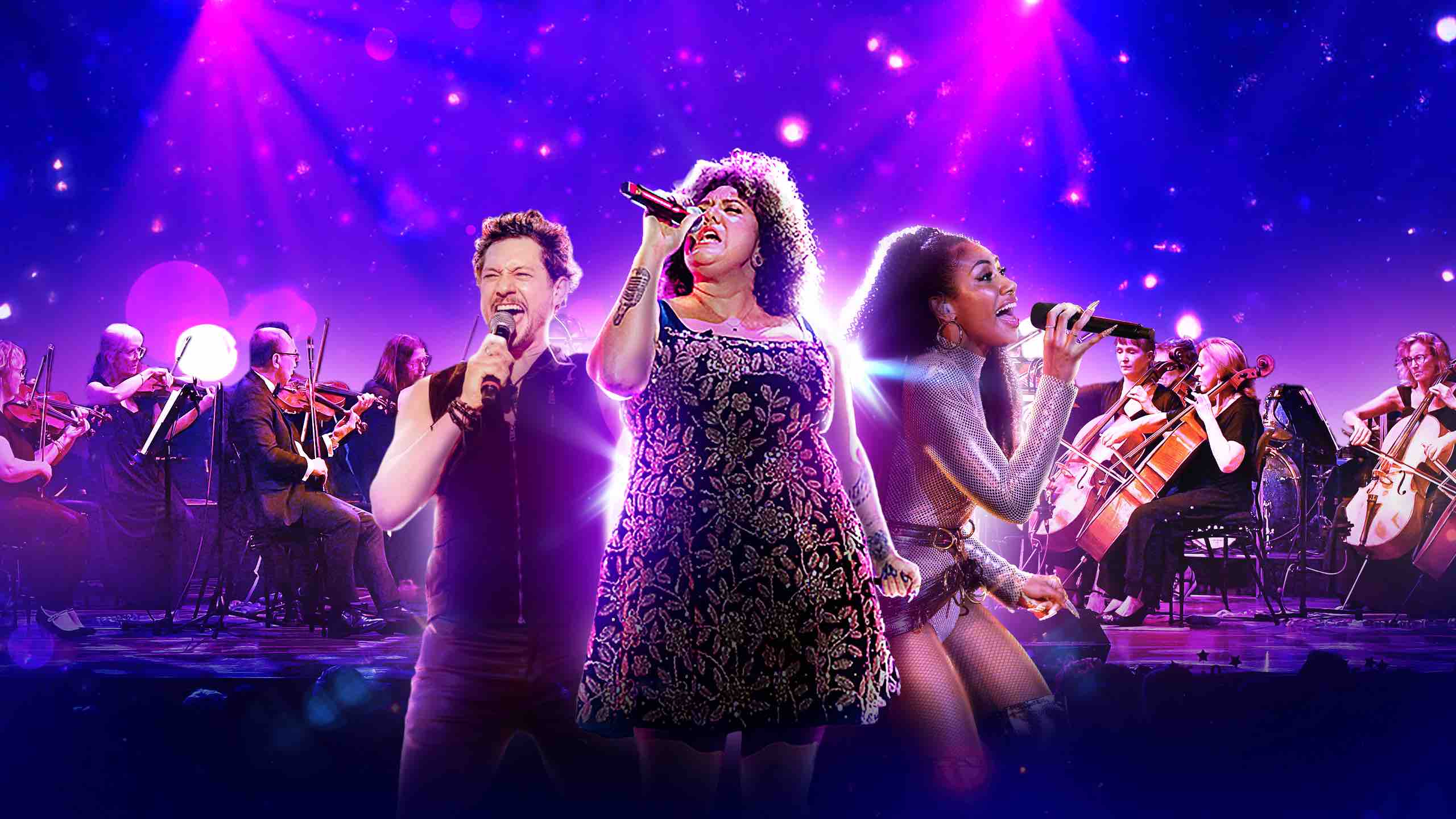 Rob Mills, Casey Donovan and Paulini standing on stage in front of the Australian Pops Orchestra in The Idols of Musical Theatre for the Australian Pops Orchestra Holiday Concerts