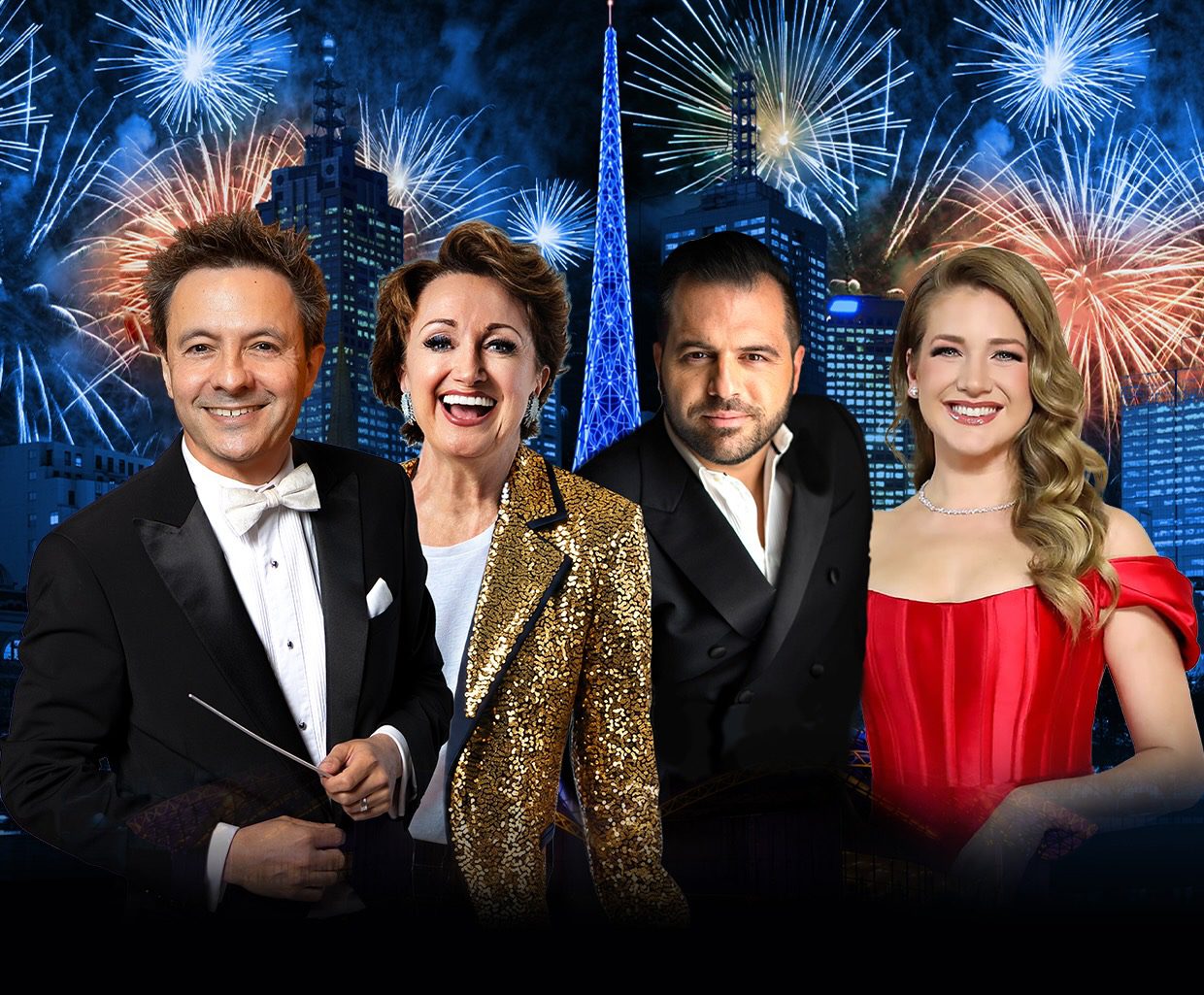 John Foreman, Caroline O'Connor, Mark Vincent and Georgina Hopson stand in front of Melbourne skyline with fireworks