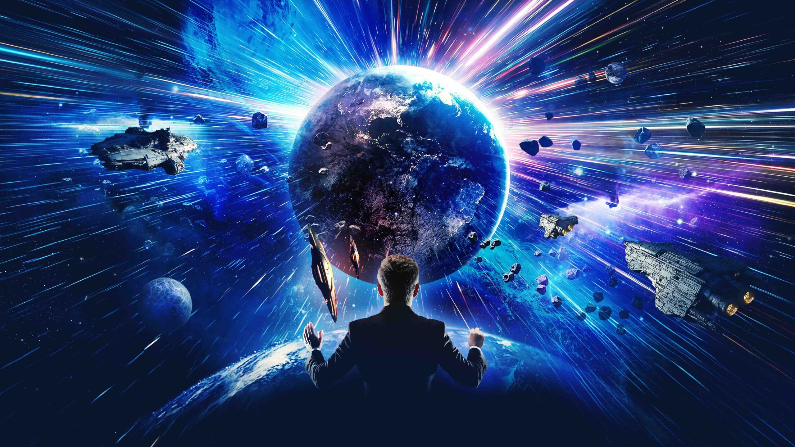 A conductor faces a globe in outer space
